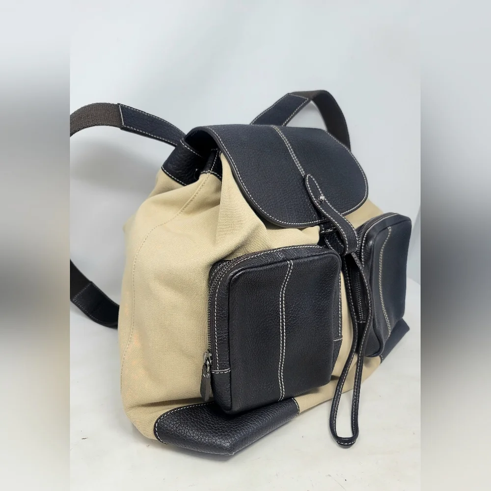 Tod's Brown Leather Canvas Large Backpack Bag Authentic